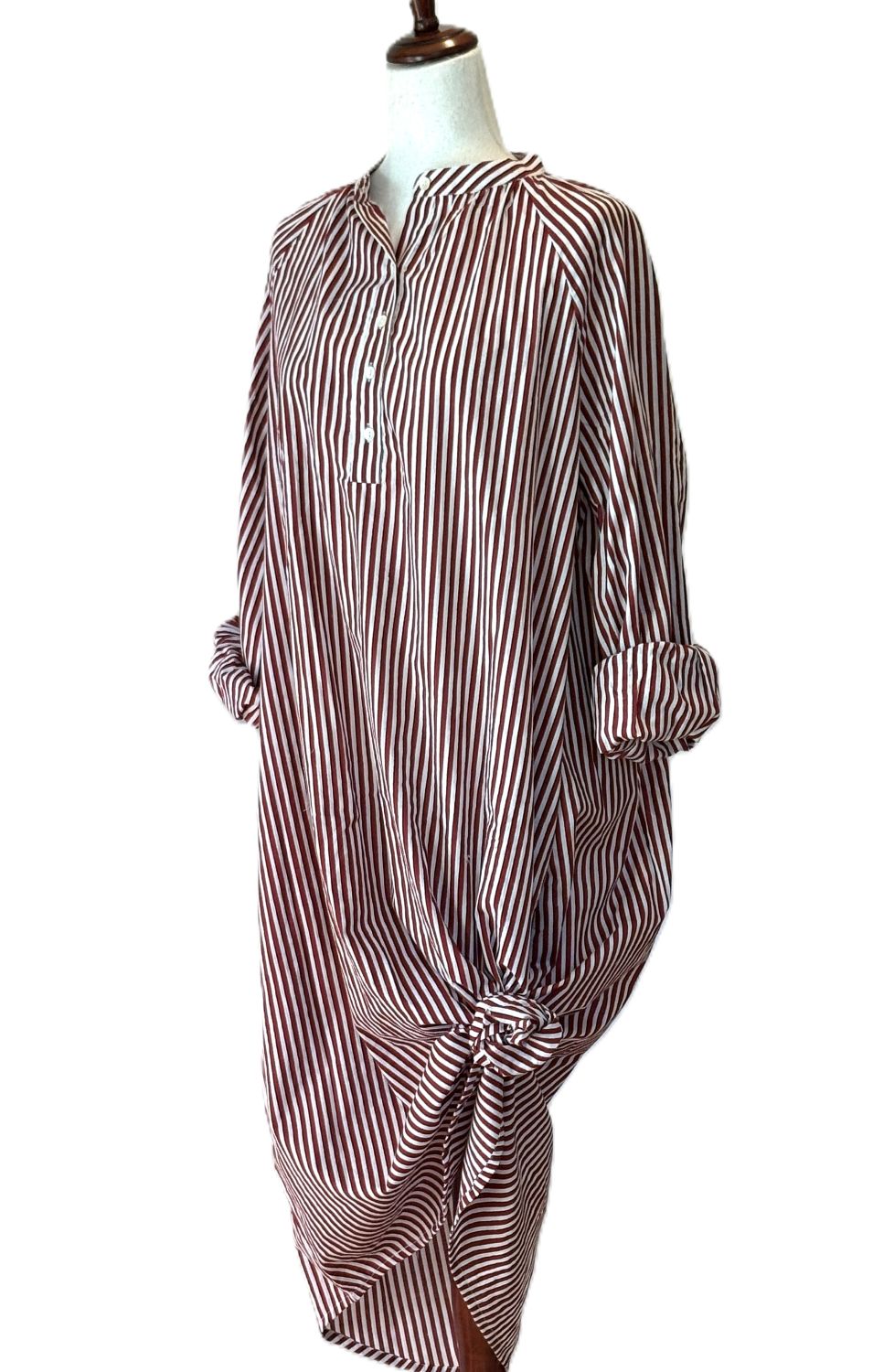 Hand Block Printed Cotton Shirtdress: Vertical Stripes, Work-to-Play Midi (Red Stripe).