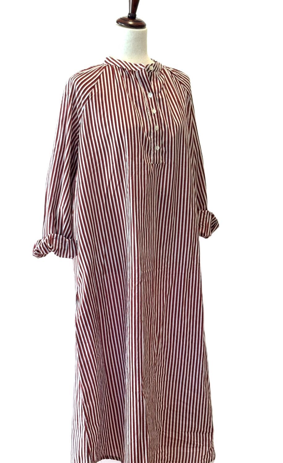 Hand Block Printed Cotton Shirtdress: Vertical Stripes, Work-to-Play Midi (Red Stripe).