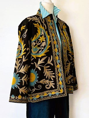 Wearable Art In This Hand Embroidered Short Jacket.  (Black)