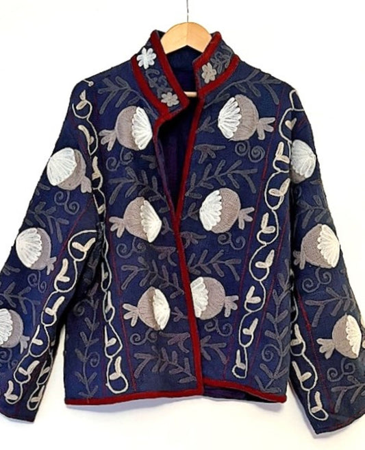 Wearable Art In This Hand Embroidered Short Jacket.  (Navy)