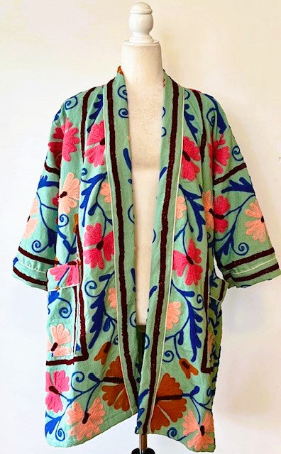 Stunning Suzani Kantha Quilt Short Jacket Is Colorful  (Mint)