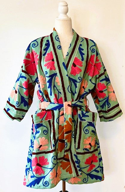 Stunning Suzani Kantha Quilt Short Jacket Is Colorful  (Mint)