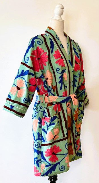 Stunning Suzani Kantha Quilt Short Jacket Is Colorful  (Mint)