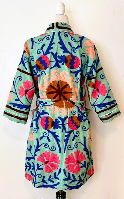 Stunning Suzani Kantha Quilt Short Jacket Is Colorful  (Mint)