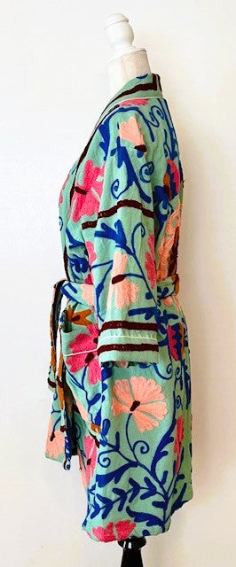 Stunning Suzani Kantha Quilt Short Jacket Is Colorful  (Mint)