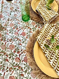 Table, Handmade Block Print Cotton Tablecloth:  Complex Floral Print (60x90) (Fall Colors)