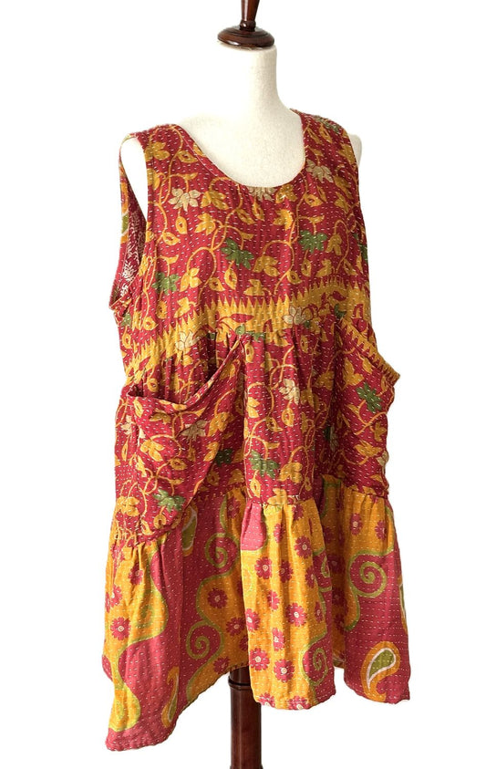 Kantha Bae Quilted Meadow Mini Dress. Comfortable Chic (Red)