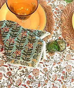 Table, Handmade Block Print Cotton Tablecloth:  Complex Floral Print (60x90) (Fall Colors)