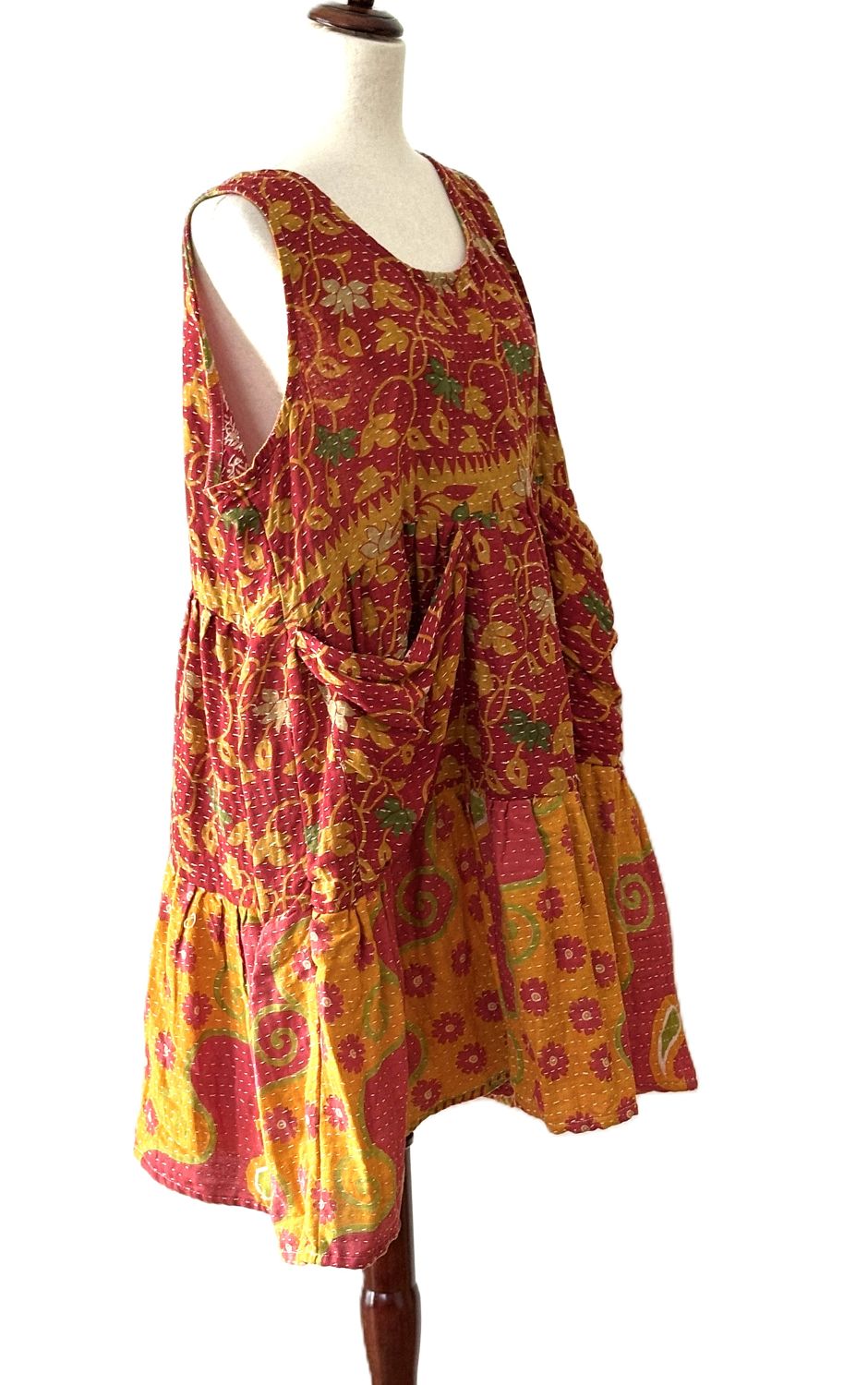 Kantha Bae Quilted Meadow Mini Dress. Comfortable Chic (Red)