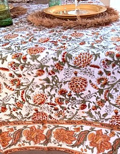 Table, Handmade Block Print Cotton Tablecloth:  Complex Floral Print (60x90) (Fall Colors)