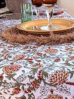 Table, Handmade Block Print Cotton Tablecloth:  Complex Floral Print (60x90) (Fall Colors)