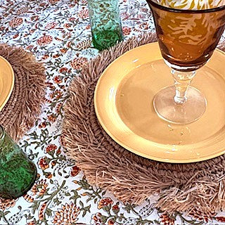 Table, Handmade Block Print Cotton Tablecloth:  Complex Floral Print (60x90) (Fall Colors)