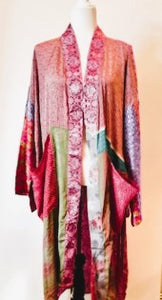 Top of the Line Silk Kimono Duster, Abstract Mixed Print (Pink)