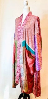 Top of the Line Silk Kimono Duster, Abstract Mixed Print (Pink)