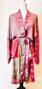 Top of the Line Silk Kimono Duster, Abstract Mixed Print (Pink)