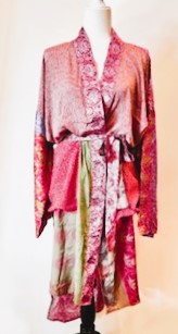 Top of the Line Silk Kimono Duster, Abstract Mixed Print (Pink)