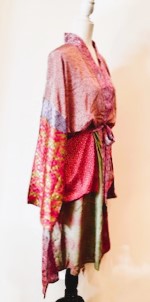 Top of the Line Silk Kimono Duster, Abstract Mixed Print (Pink)