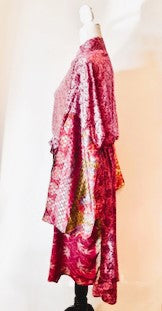 Top of the Line Silk Kimono Duster, Abstract Mixed Print (Pink)