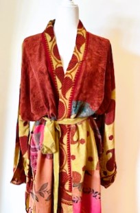 Top of the Line Silk Kimono Duster, Abstract Mixed Print (Rust)