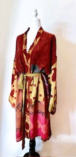 Top of the Line Silk Kimono Duster, Abstract Mixed Print (Rust)