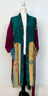 Top of the Line Silk Kimono Duster, Abstract Mixed Print (Teal)