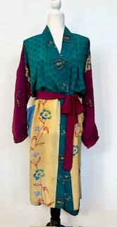 Top of the Line Silk Kimono Duster, Abstract Mixed Print (Teal)