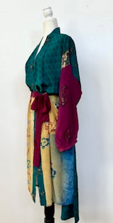 Top of the Line Silk Kimono Duster, Abstract Mixed Print (Teal)