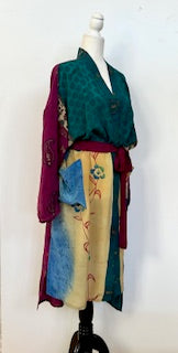 Top of the Line Silk Kimono Duster, Abstract Mixed Print (Teal)