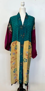 Top of the Line Silk Kimono Duster, Abstract Mixed Print (Teal)