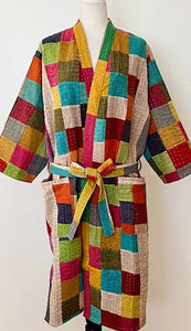 Short Patchwork Cotton Kimono With Kantha Embroidery Celebrates Life (Multi)