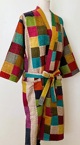 Short Patchwork Cotton Kimono With Kantha Embroidery Celebrates Life (Multi)