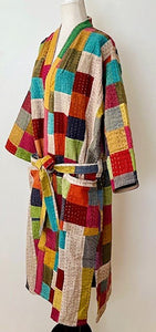 Short Patchwork Cotton Kimono With Kantha Embroidery Celebrates Life (Multi)