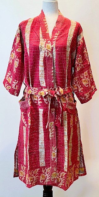 Kantha Embroidered Striped Midi Jacket With Engineered Border (Cranberry)