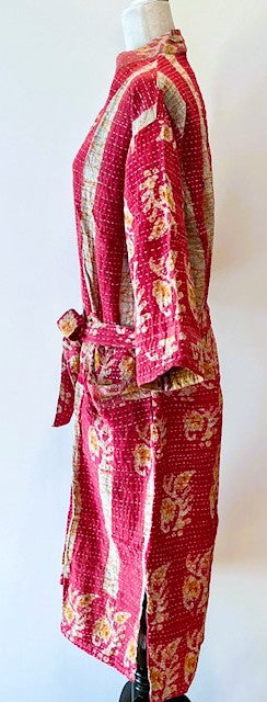 Kantha Embroidered Striped Midi Jacket With Engineered Border (Cranberry)