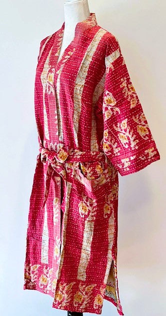 Kantha Embroidered Striped Midi Jacket With Engineered Border (Cranberry)