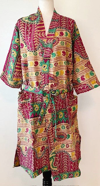 Lightweight Kantha Embroidery Mixed Print Jacket. Complex (Wine, Bronze )