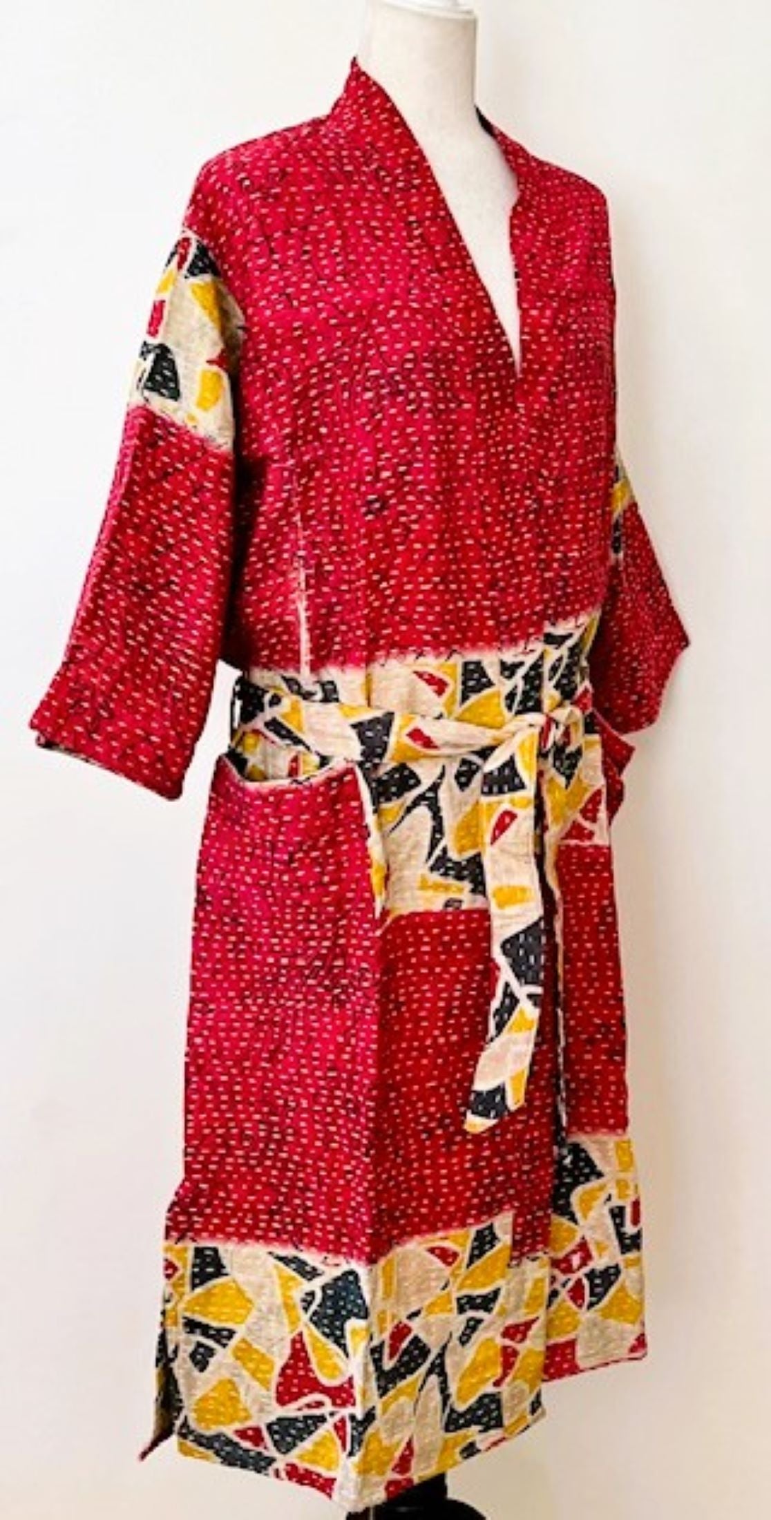 Kabuki Style Kantha Stitched Midi Dress With Engineered Border (Red)