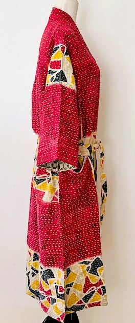 Kabuki Style Kantha Stitched Midi Dress With Engineered Border (Red)