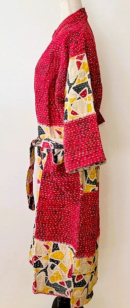 Kabuki Style Kantha Stitched Midi Dress With Engineered Border (Red)