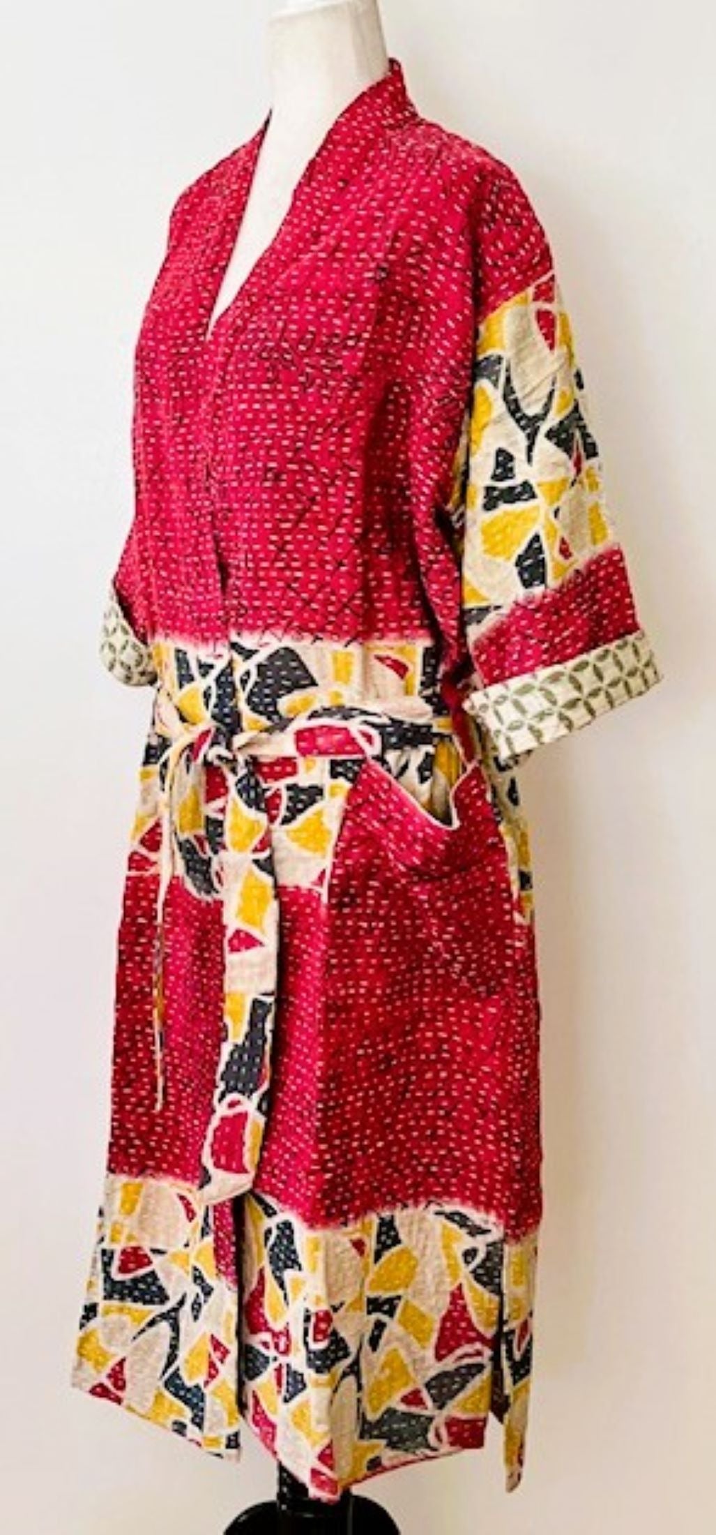 Kabuki Style Kantha Stitched Midi Dress With Engineered Border (Red)