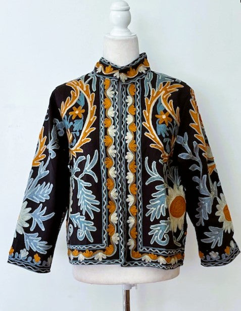 Wearable Art In This Hand Embroidered Short Jacket.  (Black and Blue)