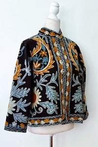 Wearable Art In This Hand Embroidered Short Jacket.  (Black and Blue)