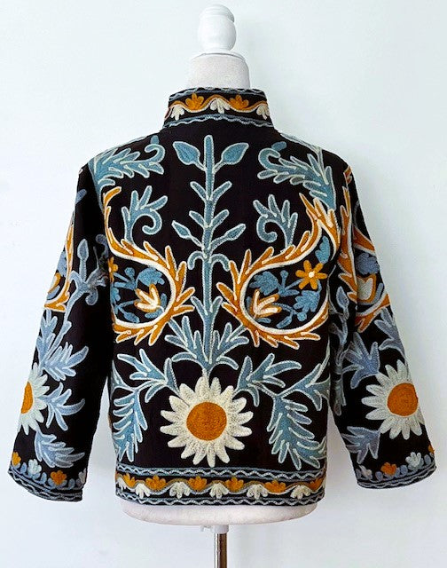 Wearable Art In This Hand Embroidered Short Jacket.  (Black and Blue)