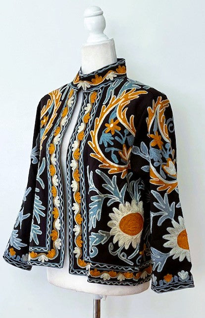 Wearable Art In This Hand Embroidered Short Jacket.  (Black and Blue)