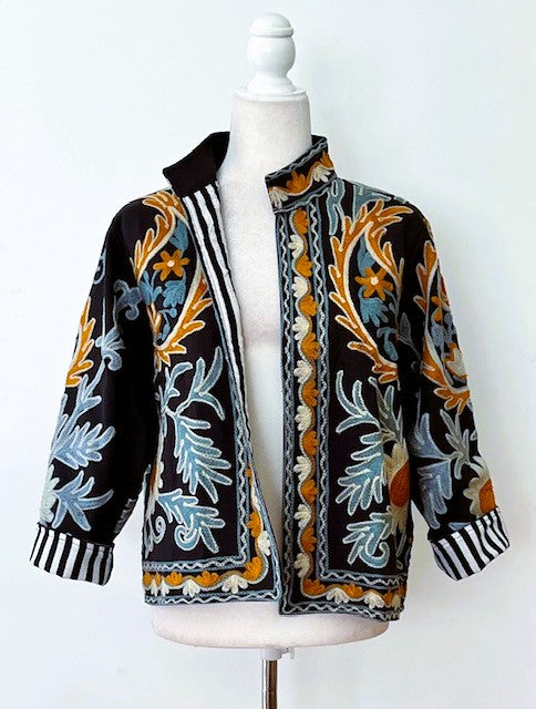 Wearable Art In This Hand Embroidered Short Jacket.  (Black and Blue)