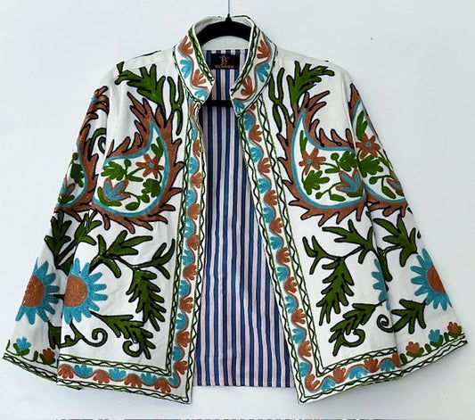 Wearable Art In This Hand Embroidered Short Jacket (Aqua and Rust on White)