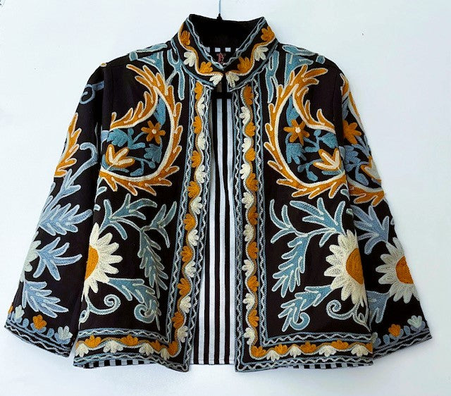 Wearable Art In This Hand Embroidered Short Jacket.  (Black and Blue)