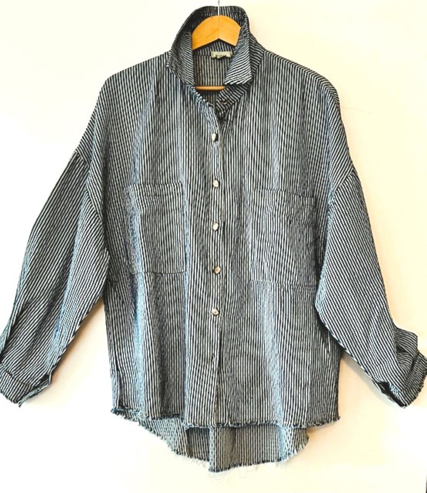 Long Sleeve Stripe Pattern Denim Over Shirt, The New Basic