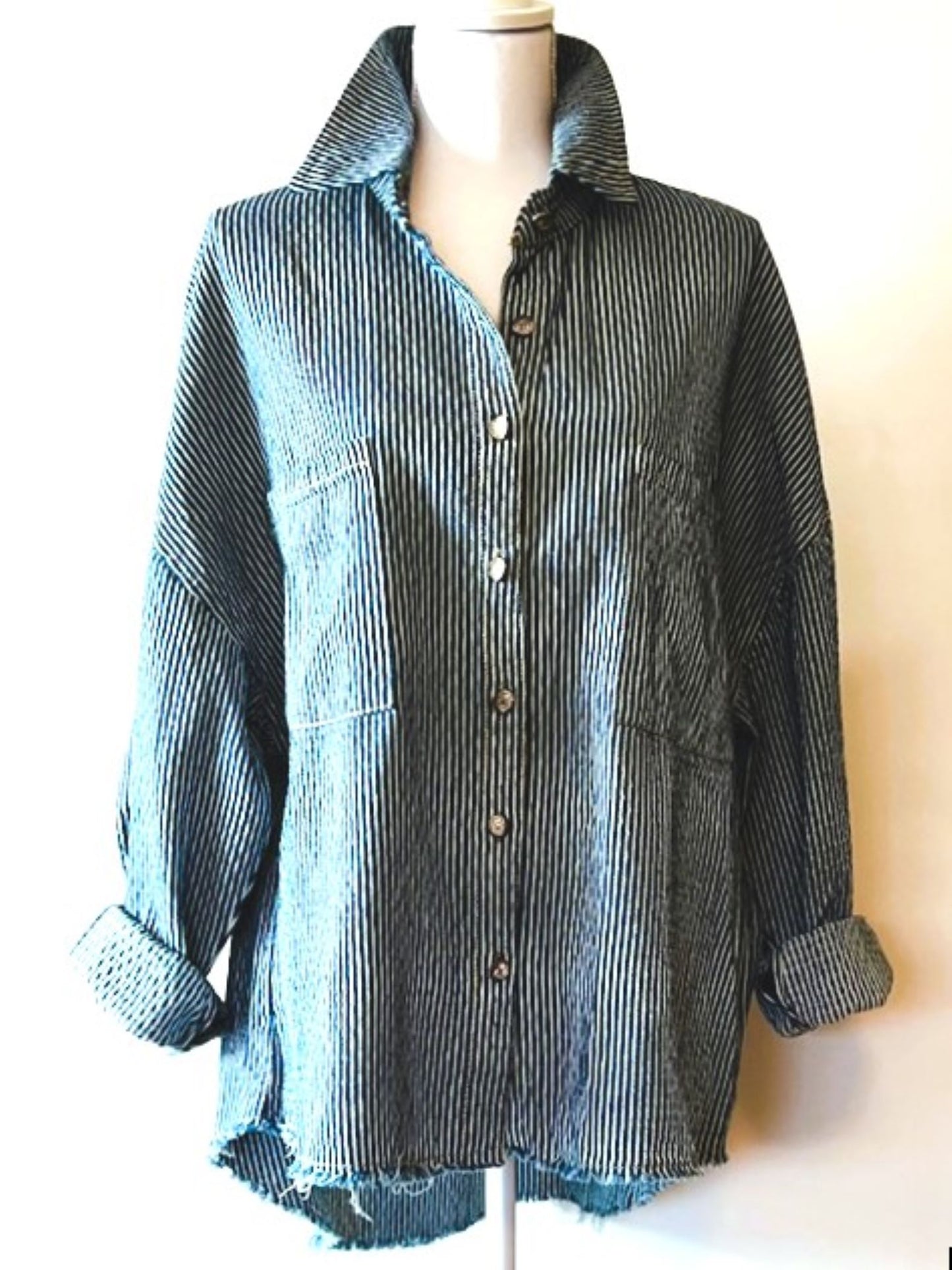 Long Sleeve Stripe Pattern Denim Over Shirt, The New Basic