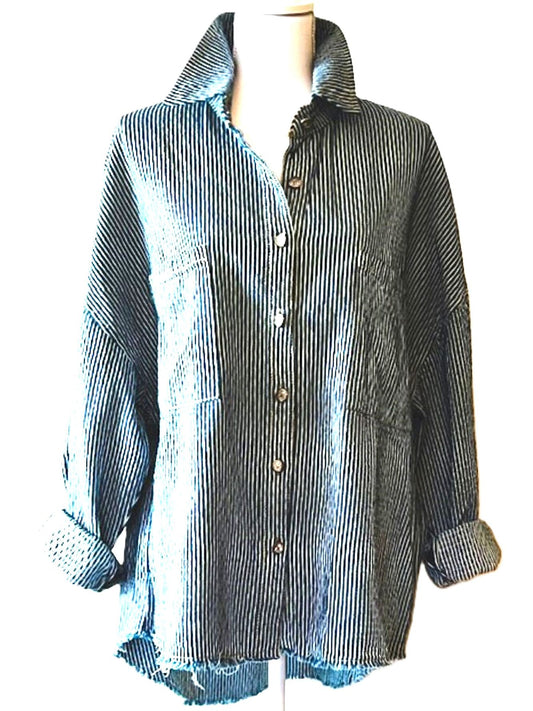 Long Sleeve Stripe Pattern Denim Over Shirt, The New Basic We Love.